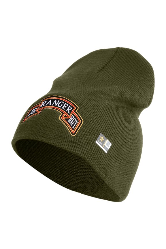 U.S. Army 75th Ranger Regiment Symbol Embroidered 8 Inch Solid Knit Short Beanie Made in USA - Olive OSFM