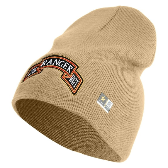 U.S. Army 75th Ranger Regiment Symbol Embroidered 8 Inch Solid Knit Short Beanie Made in USA - Stone OSFM