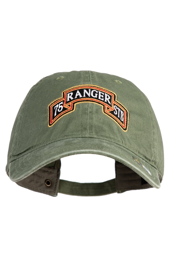 U.S. Army 75th Ranger Special Troops Battalion Embroidered Washed Solid Pigment Dyed Cotton Twill Brass Buckle Cap - Olive OSFM
