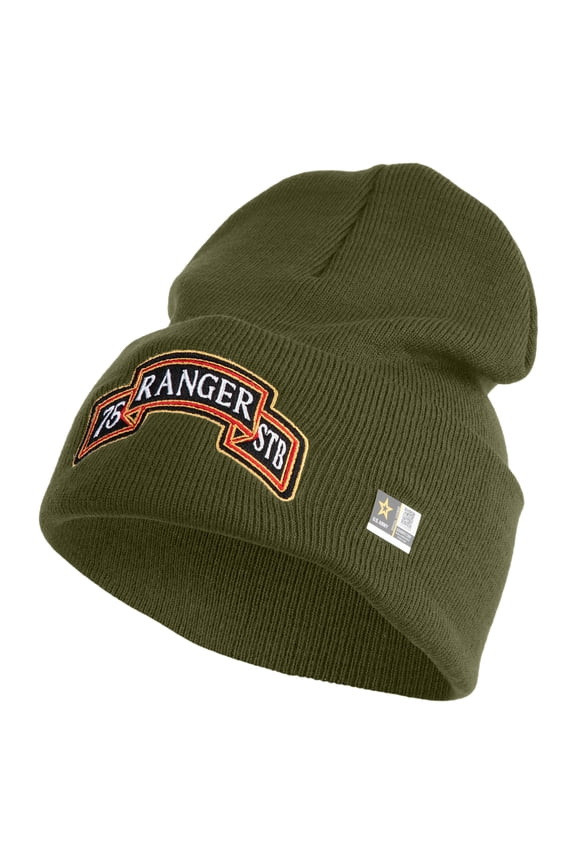 U.S. Army 75th Ranger Special Troops Battalion Logo Embroidered 12 Inch Solid Knit Cuff Long Beanie Made in USA - Olive OSFM