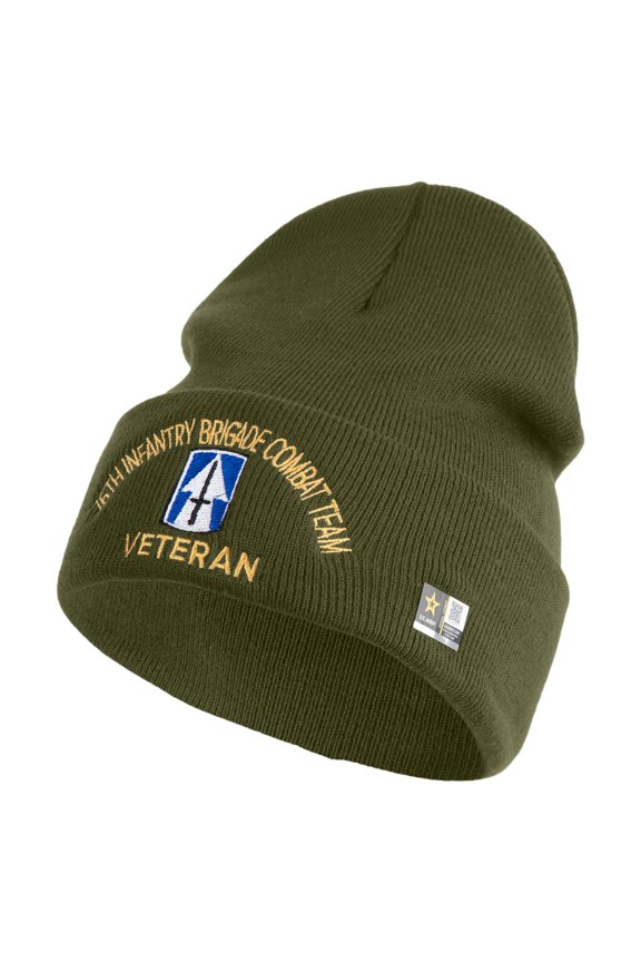 U.S. Army 76th Infantry Brigade Combat Team Logo Embroidered 12 Inch Solid Knit Cuff Long Beanie Made in USA - Olive OSFM