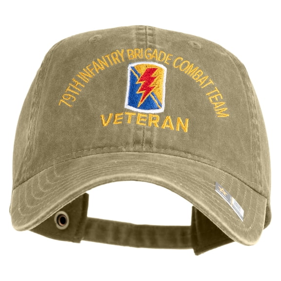 U.S. Army 79th Infantry Brigade Combat Team Embroidered Washed Solid Pigment Dyed Cotton Twill Brass Buckle Cap - Khaki OSFM