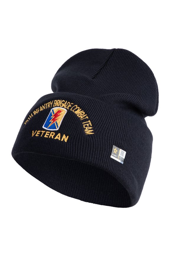 U.S. Army 79th Infantry Brigade Combat Team Logo Embroidered 12 Inch Solid Knit Cuff Long Beanie Made in USA - Navy OSFM