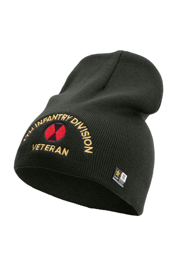 U.S. Army 7th Infantry Division Symbol Embroidered 8 Inch Solid Knit Short Beanie Made in USA - Graphite OSFM
