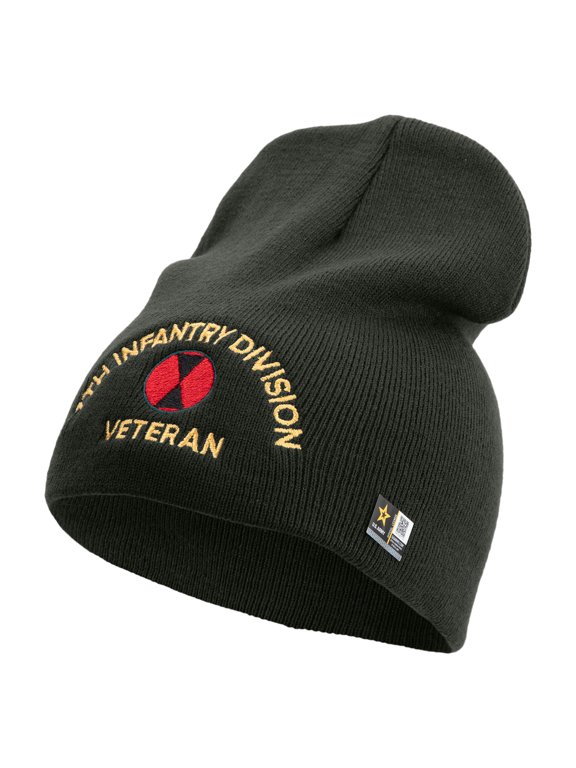 U.S. Army 7th Infantry Division Symbol Embroidered 8 Inch Solid Knit Short Beanie Made in USA - Graphite OSFM