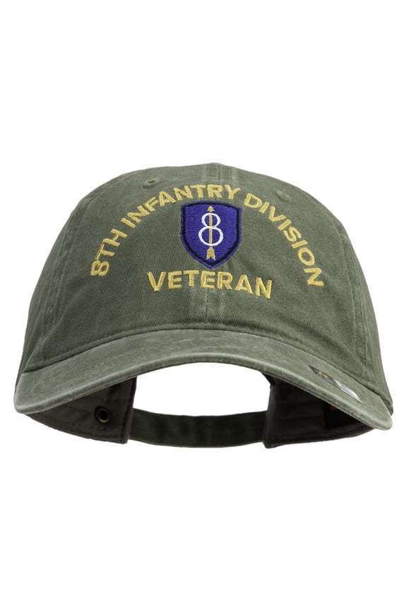 U.S. Army 8th Infantry Division Embroidered Washed Solid Pigment Dyed Cotton Twill Brass Buckle Cap - Olive OSFM