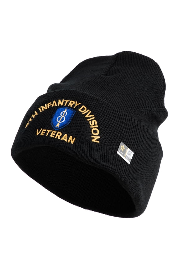 U.S. Army 8th Infantry Division Logo Embroidered 12 Inch Solid Knit Cuff Long Beanie Made in USA - Black OSFM