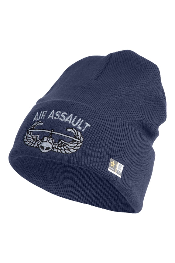 U.S. Army Air Assualt Badge Logo Embroidered 12 Inch Solid Knit Cuff Long Beanie Made in USA - Navy OSFM