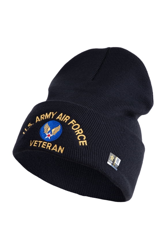 U.S. Army Air Force Logo Embroidered 12 Inch Solid Knit Cuff Long Beanie Made in USA - Navy OSFM
