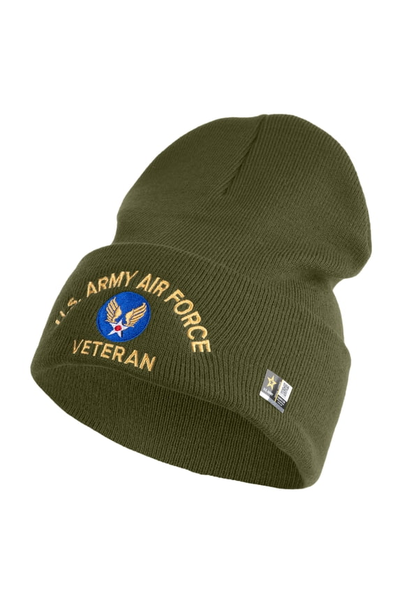 U.S. Army Air Force Logo Embroidered 12 Inch Solid Knit Cuff Long Beanie Made in USA - Olive OSFM