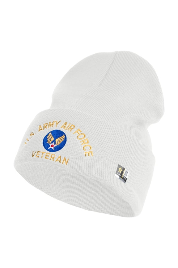 U.S. Army Air Force Logo Embroidered 12 Inch Solid Knit Cuff Long Beanie Made in USA - White OSFM