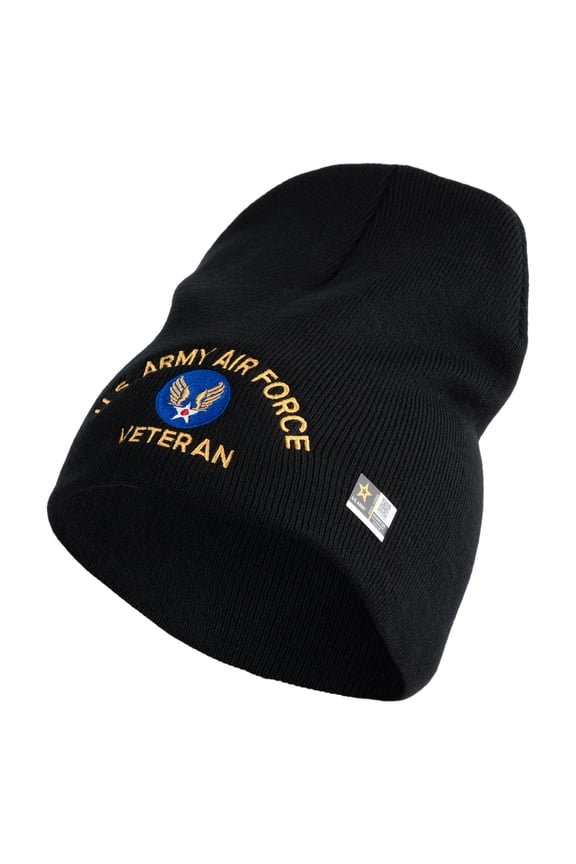 U.S. Army Air Force Symbol Embroidered 8 Inch Solid Knit Short Beanie Made in USA - Black OSFM