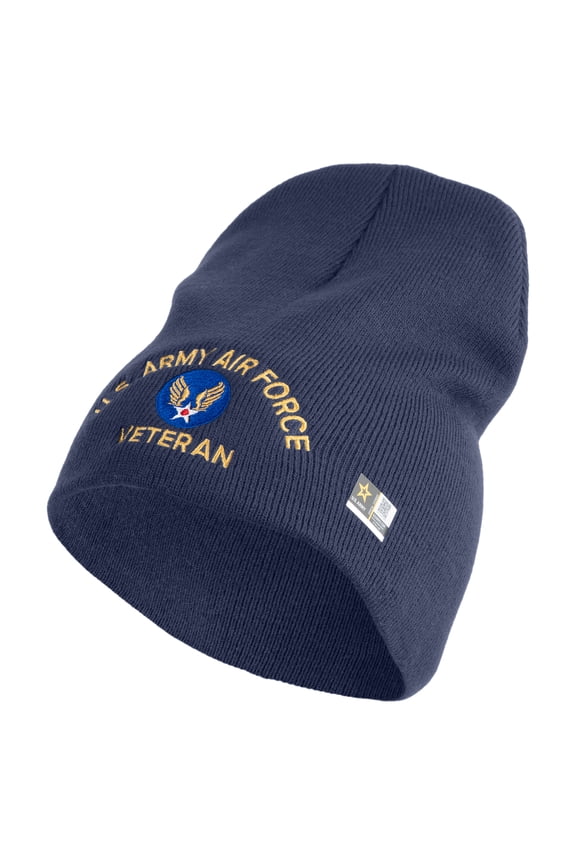 U.S. Army Air Force Symbol Embroidered 8 Inch Solid Knit Short Beanie Made in USA - Navy OSFM