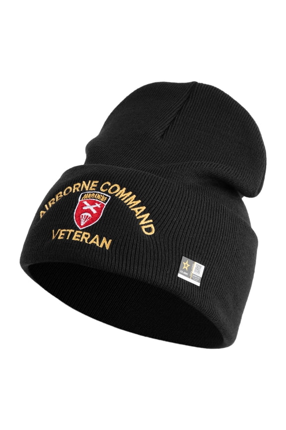 U.S. Army Airborne Command Logo Embroidered 12 Inch Solid Knit Cuff Long Beanie Made in USA - Black OSFM