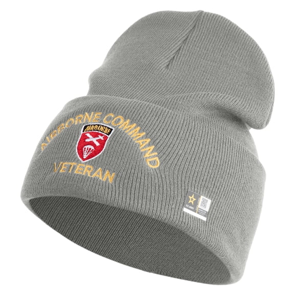 U.S. Army Airborne Command Logo Embroidered 12 Inch Solid Knit Cuff Long Beanie Made in USA - Dk Ash OSFM