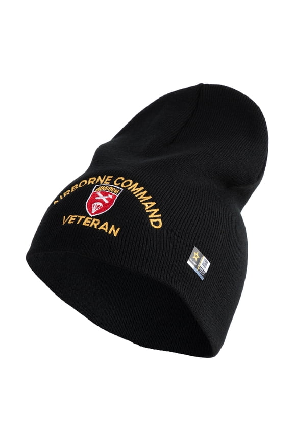 U.S. Army Airborne Command Symbol Embroidered 8 Inch Solid Knit Short Beanie Made in USA - Black OSFM