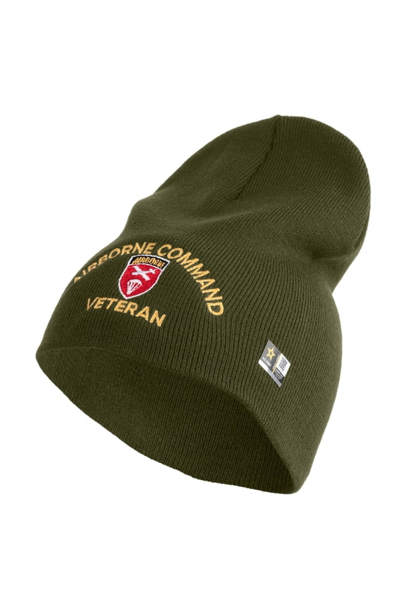 U.S. Army Airborne Command Symbol Embroidered 8 Inch Solid Knit Short Beanie Made in USA - Olive OSFM