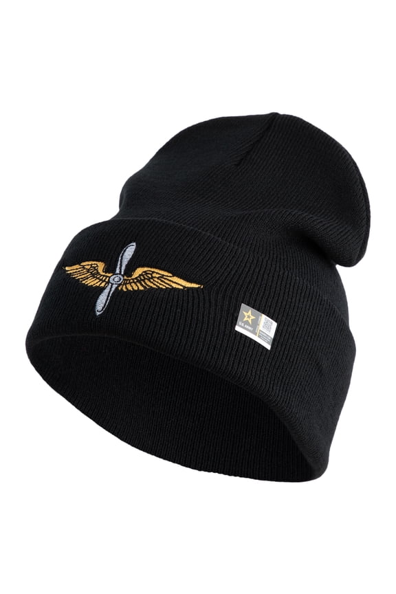 U.S. Army Aviation Logo Embroidered 12 Inch Solid Knit Cuff Long Beanie Made in USA - Black OSFM