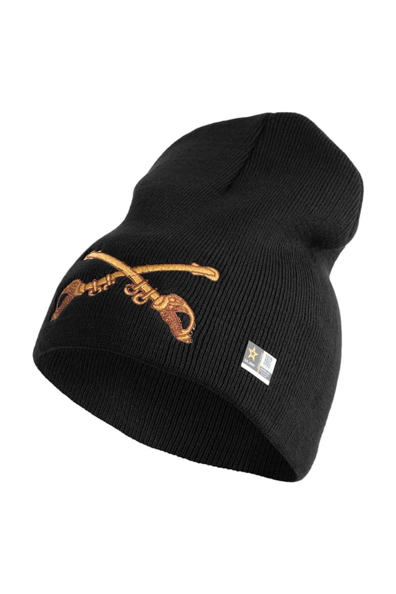 U.S. Army Cavalry Collar Insignia Symbol Embroidered 8 Inch Solid Knit Short Beanie Made in USA - Black OSFM