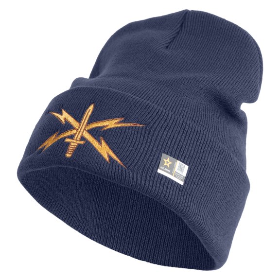 U.S. Army Cyber Corps Logo Embroidered 12 Inch Solid Knit Cuff Long Beanie Made in USA - Navy OSFM