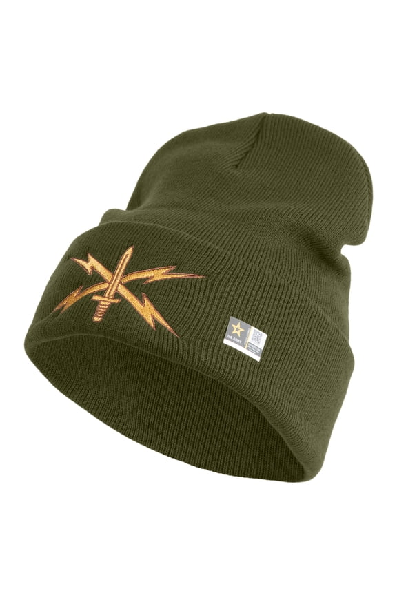 U.S. Army Cyber Corps Logo Embroidered 12 Inch Solid Knit Cuff Long Beanie Made in USA - Olive OSFM