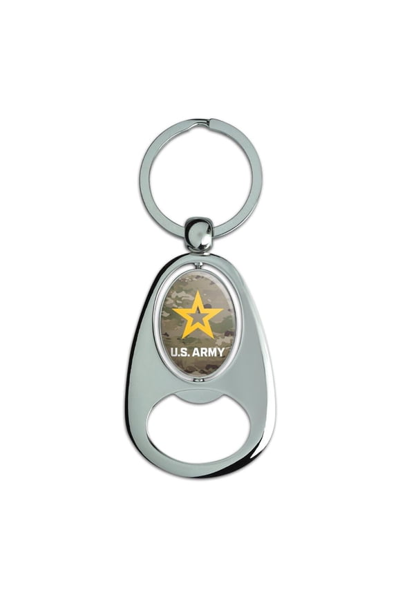 U.S. Army Logo on Camo Keychain Chrome Metal Spinning Oval Bottle Opener