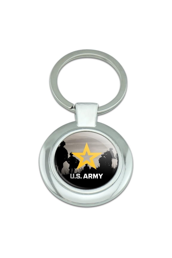 U.S. Army Logo with Soldier Silhouettes Keychain Classy Round Chrome Plated Metal