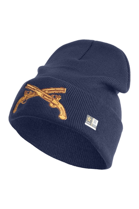 U.S. Army Military Police Insignia Logo Embroidered 12 Inch Solid Knit Cuff Long Beanie Made in USA - Navy OSFM