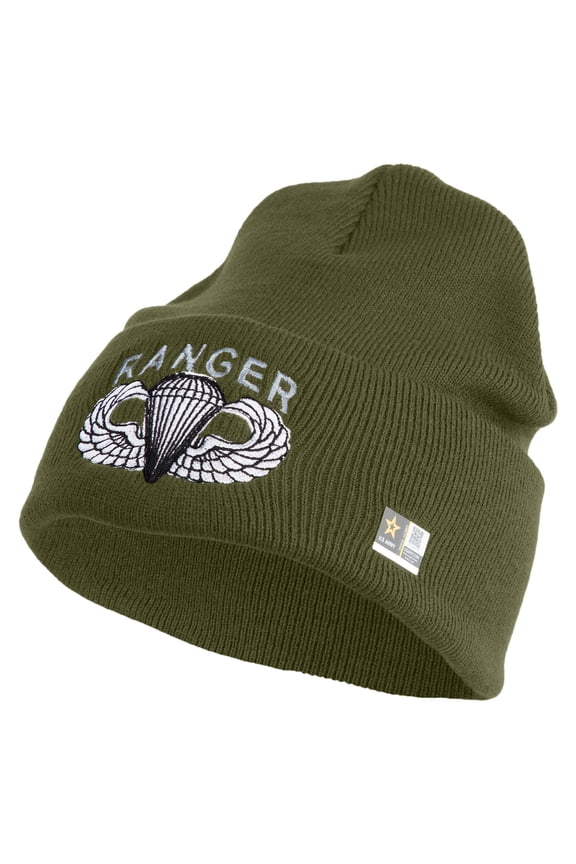U.S. Army Paratrooper and Ranger Badge Logo Embroidered 12 Inch Solid Knit Cuff Long Beanie Made in USA - Olive OSFM
