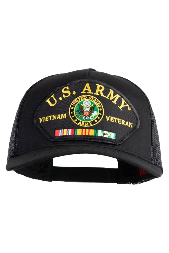 U.S. Army Seal Vietnam Veteran Patched Solid Cotton Twill 5 panel Mesh Back Cap - Black OSFM