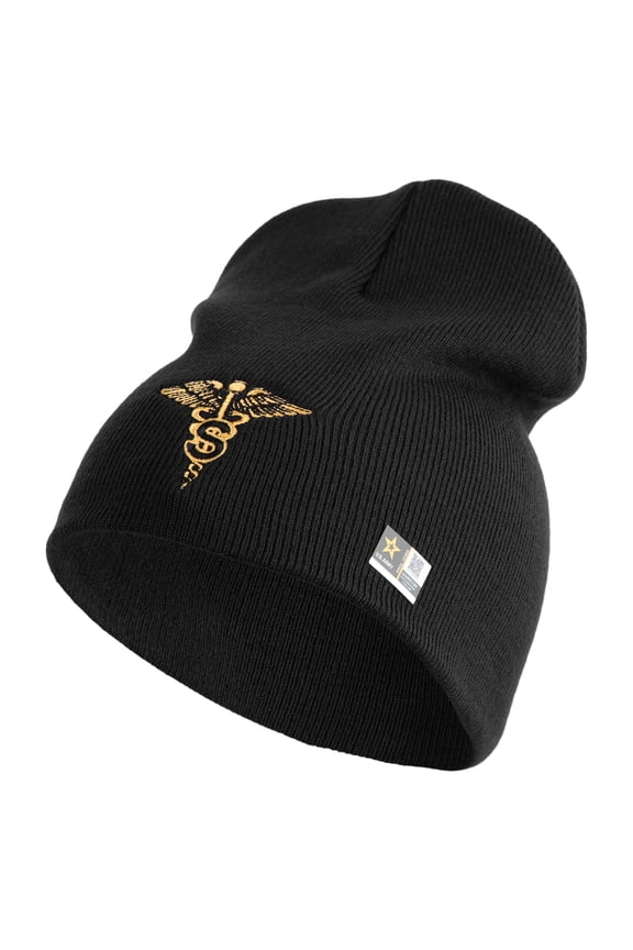 U.S. Army Specialist Corps Symbol Embroidered 8 Inch Solid Knit Short Beanie Made in USA - Black OSFM