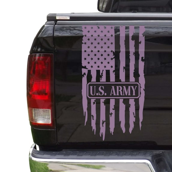 U.S. Army USAF USMC US Navy Decal Distressed American USA US Flag Truck Tailgate Vinyl Decal Compatible with most Pickup Trucks Military Enlisted Man Sticker (11" x 20", Lilac)
