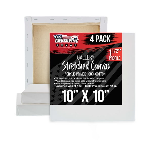 U.S. Art Supply 10" x 10" Gallery Depth 1-1/2" Profile Stretched Canvas 4-Pack - Acrylic Gesso Triple Primed 12-ounce 100% Cotton Acid-Free Back Stapled