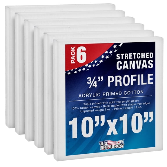 U.S. Art Supply 10 x 10 inch Stretched Canvas 12-Ounce Triple Primed, 6-Pack - Professional Artist Quality White Blank 3/4" Profile, 100% Cotton, Heavy-Weight Gesso - Acrylic Pouring, Oil Painting