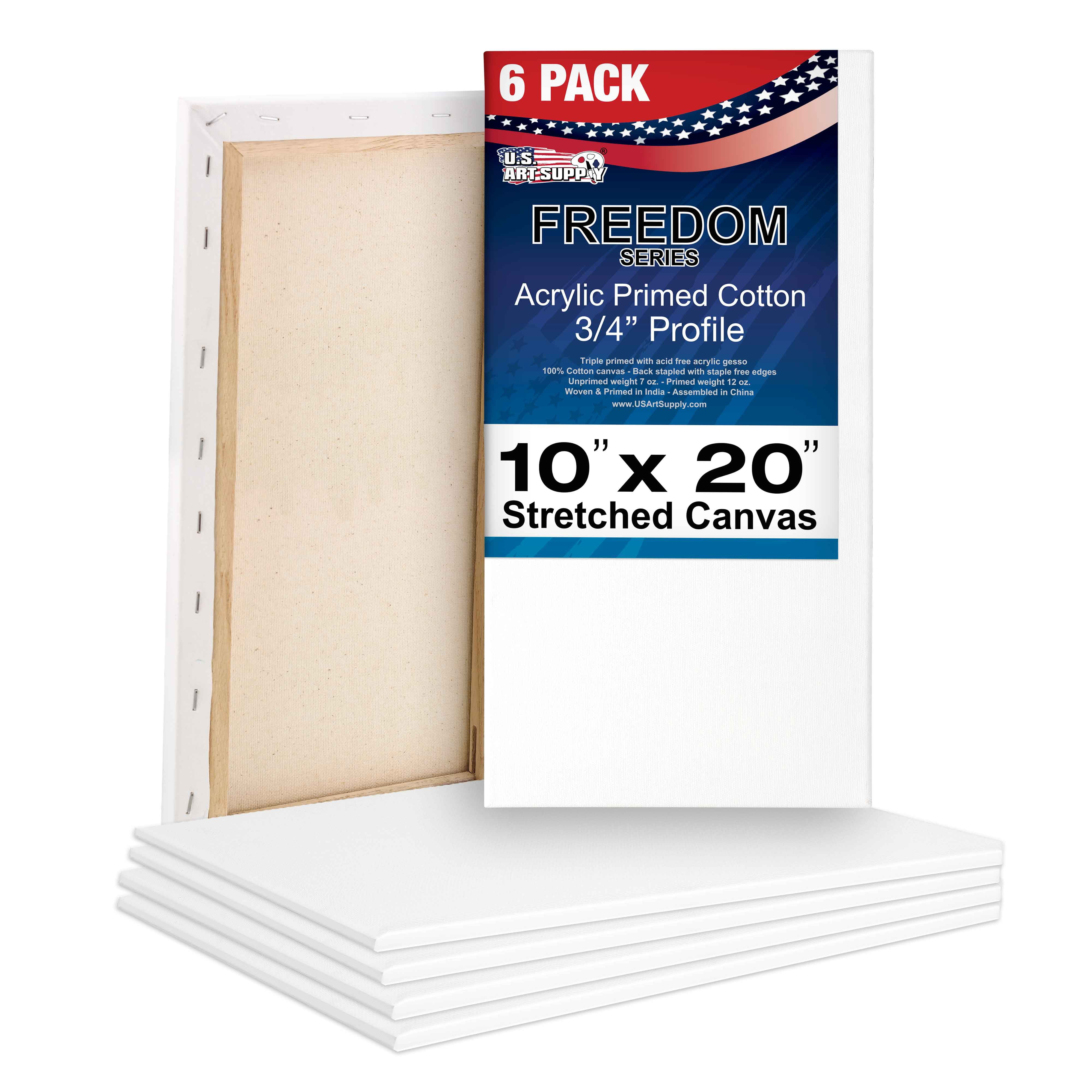 U.S. Art Supply 10 x 20 inch Stretched Canvas 12-Ounce Triple Primed, 6-Pack - Professional Artist Quality White Blank 3/4" Profile, 100% Cotton, Heavy-Weight Gesso - Acrylic Pouring, Oil Painting