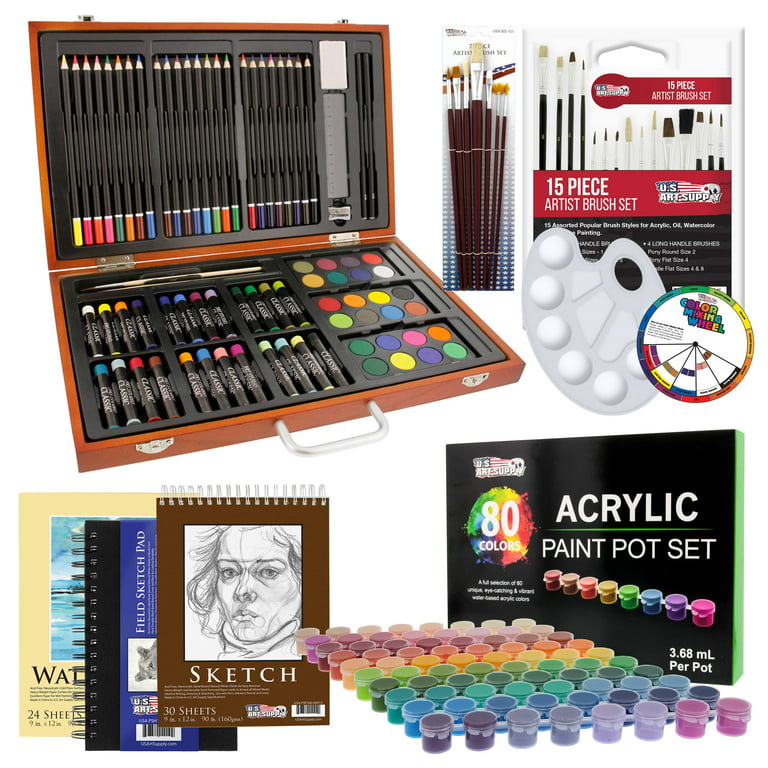 U.S. Art Supply 102-Piece Deluxe Art Creativity Set with Wooden Case with  80 Piece Acrylic Paint Set 3.68ml Tubs 