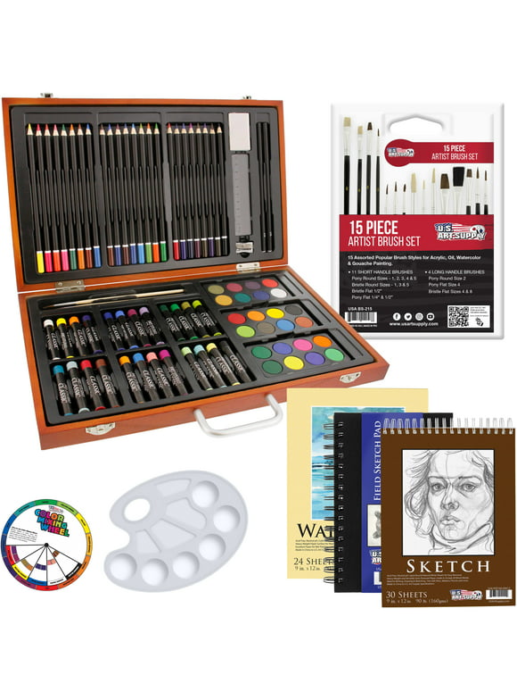 U.S. Art Supply 102-Piece Deluxe Art Creativity Set with Wooden Case - Artist Painting, Sketching and Drawing Set, 24 Watercolor Paint Colors, 17 Brushes, 24 Colored Pencils, Sketch & Painting Pads