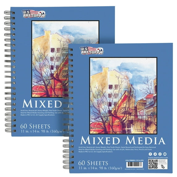 U.S. Art Supply 11" x 14" Mixed Media Paper Pad Sketchbook, 2 Pack, 60 Sheets, 98 lb (160 gsm) - Spiral-Bound, Perforated, Acid-Free - Artist Sketching, Drawing, Painting Watercolor, Acrylic