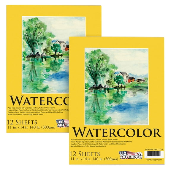 U.S. Art Supply 11" x 14" Premium Heavyweight Watercolor Painting Paper Pad, Pack of 2, 12 Sheets Each, 140 Pound (300gsm) - Cold Pressed, Acid-Free, Wet, Dry & Mixed Media - Artists, Students