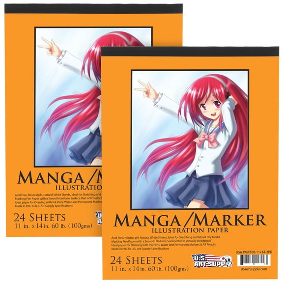 U.S. Art Supply 11" x 14" Premium Manga-Marker Paper Pad, 60 Pound (100gsm), Pad of 24-Sheets (Pack of 2 Pads)