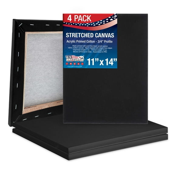 U.S. Art Supply 11 x 14 inch Black Stretched Canvas 12-Ounce Primed, 4-Pack - Professional Artist Quality 3/4" Profile, 100% Cotton, Heavy-Weight, Gesso - Painting, Acrylic Pouring, Oil Paint