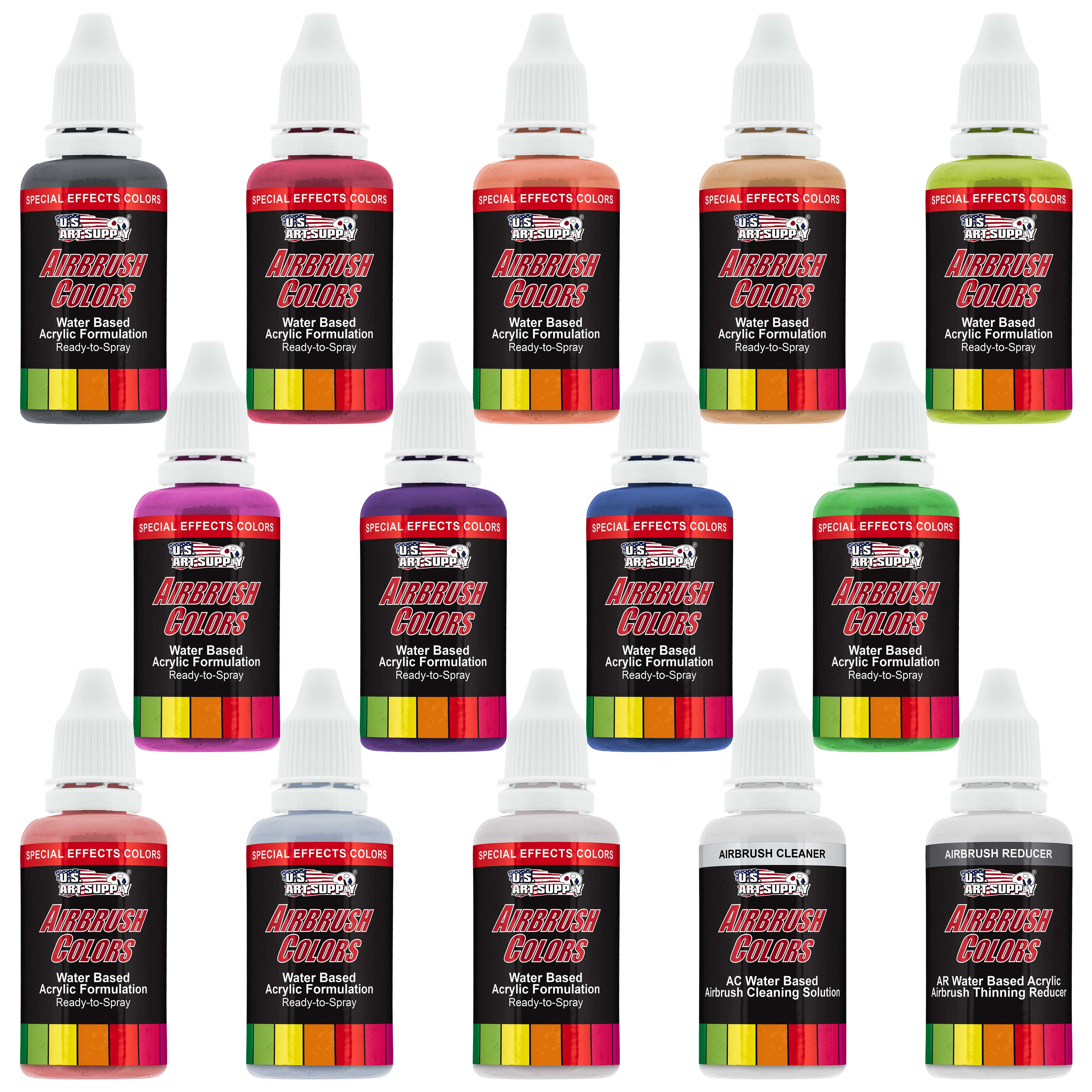 U.S. Art Supply 12 Color Pearlized Acrylic Airbrush, Leather & Shoe Paint Set; Pearl Colors plus Reducer & Cleaner 1 oz. Bottles