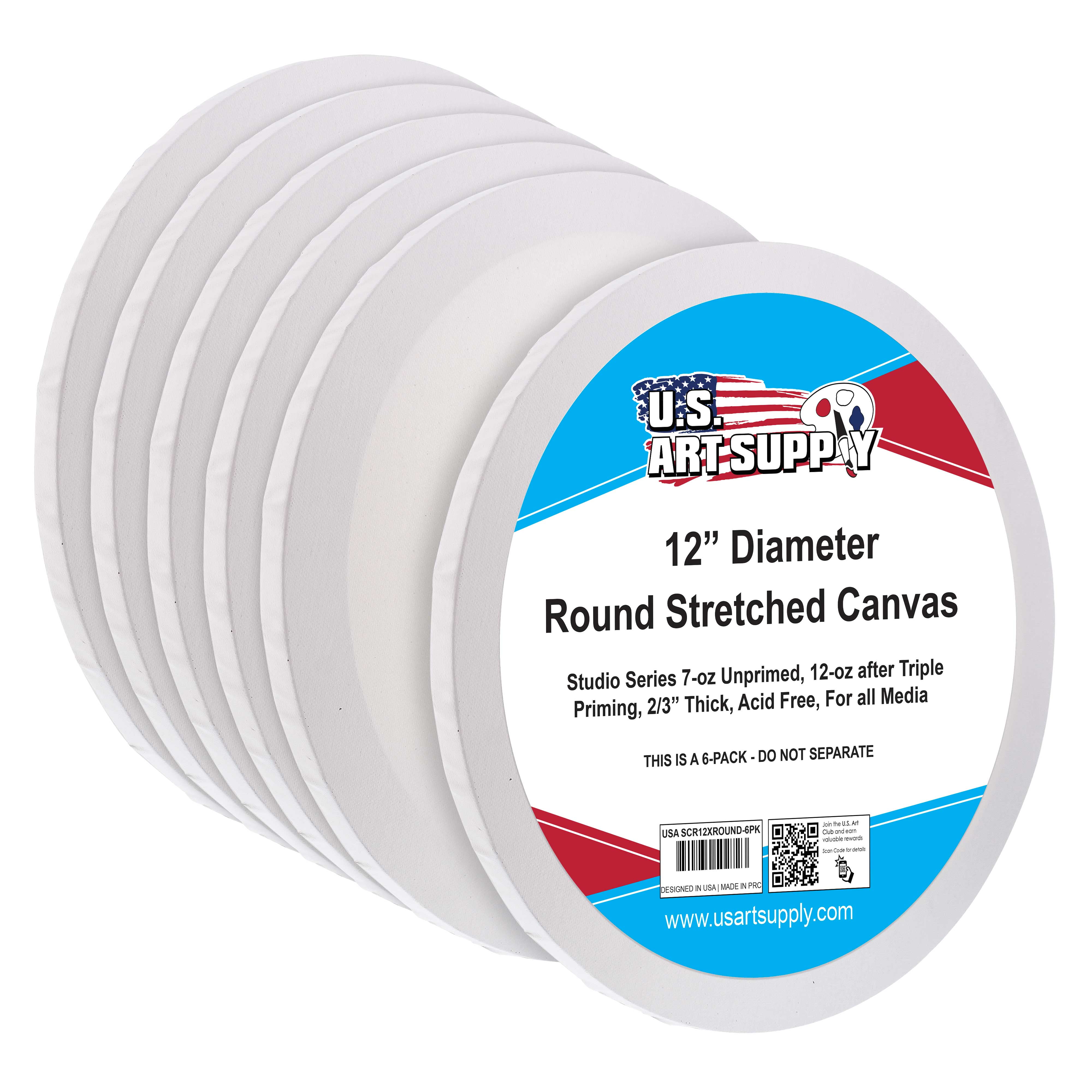 U.S. Art Supply 12 inch Diameter Round 12 Ounce Primed Gesso Professional Quality Acid-Free Stretched Canvas (Pack of 6)