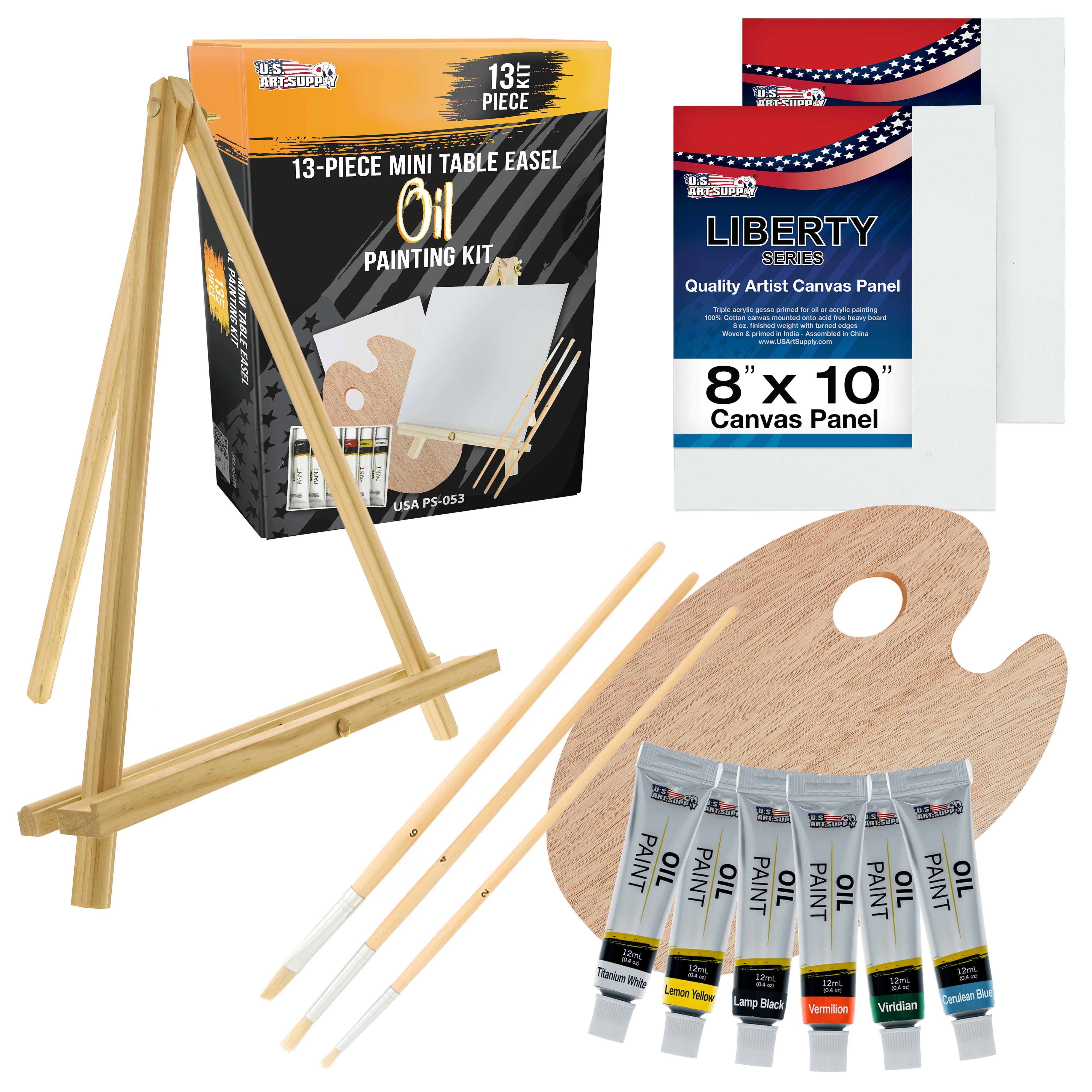U.S. Art Supply 14-Piece Artist Painting Set with 6 Vivid Oil Paint Colors,  12 Easel, 2 Canvas Panels, 3 Brushes, Wood Painting Palette - Fun