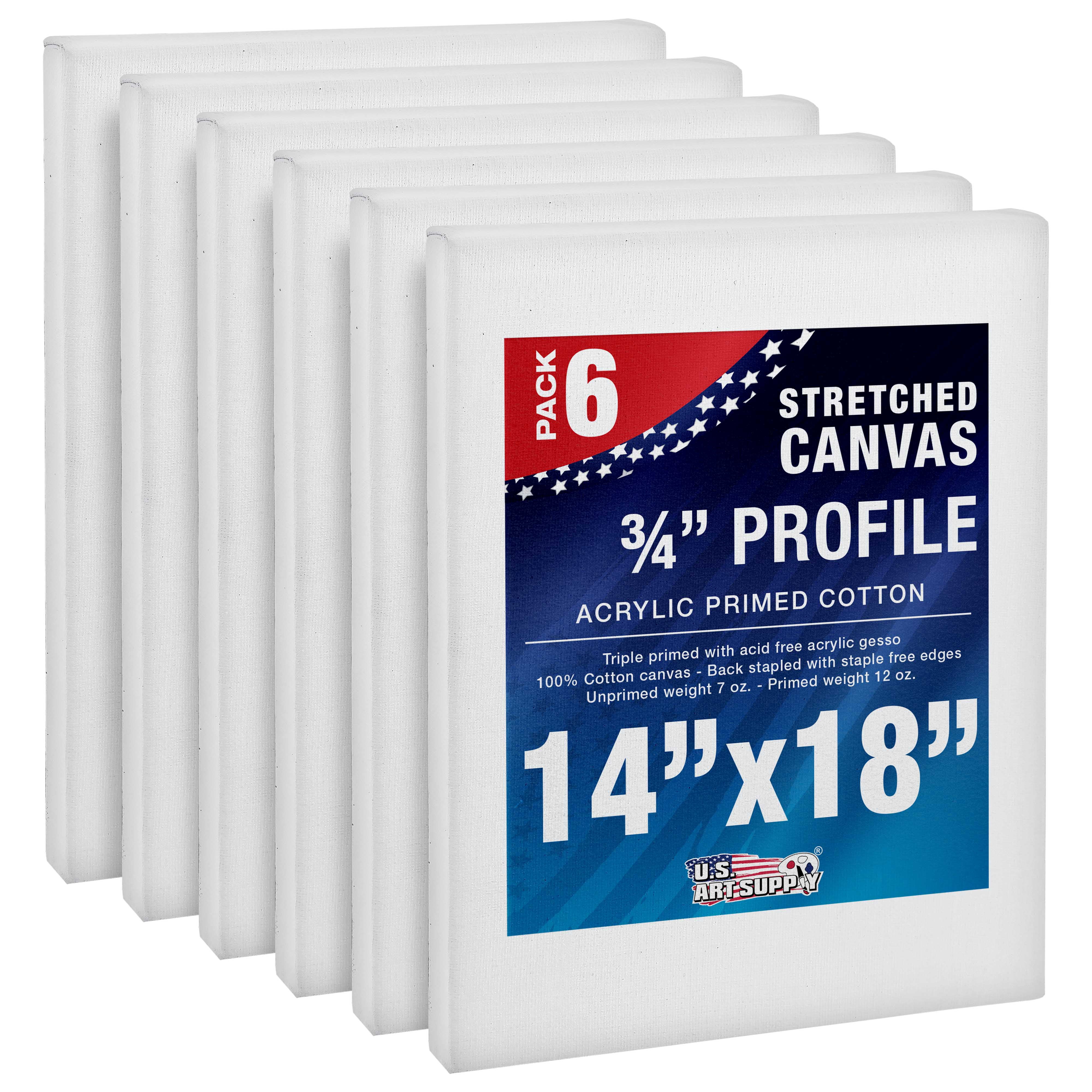 U.S. Art Supply 14 x 18 inch Stretched Canvas 12-Ounce Triple Primed, 6-Pack - Professional Artist Quality White Blank 3/4" Profile, 100% Cotton, Heavy-Weight Gesso - Acrylic Pouring, Oil Painting