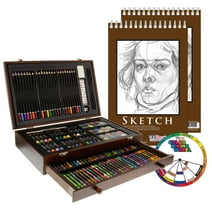 U.S. Art Supply 143 Piece-Mega Wood Box Art, Painting & Drawing Set with Color Mixing Wheel and Bonus 2-9"x12" Drawing Sketching Paper Pads
