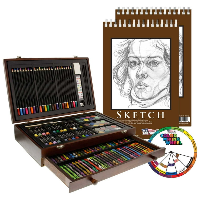 U.S. Art Supply 143 Piece-Mega Wood Box Art, Painting & Drawing Set with  Color Mixing Wheel and Bonus 2-9x12 Drawing Sketching Paper Pads