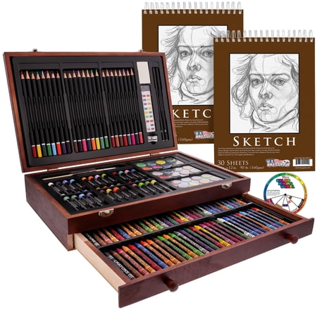 U.S. Art Supply 145-Piece Mega Wood Box Art Painting and Drawing Set in Storage Case - 2 Sketch Pads, 24 Watercolor Paint Colors, 24 Oil Pastels, 24 Colored Pencils, 60 Crayons, 2 Brushes, Artist Kit