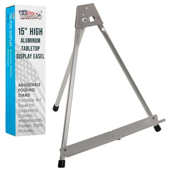 U.S. Art Supply 15" High Aluminum Tabletop Display Easel, Portable Artist Tripod Stand - Holds Canvas, Paintings, Books