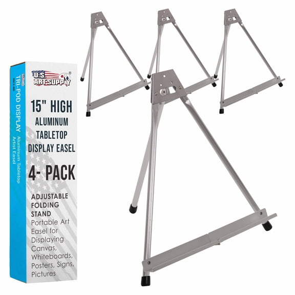 U.S. Art Supply 15" High Aluminum Tabletop Display Easel, Portable Artist Tripod Stand (Pack of 4) Holds Paintings Books